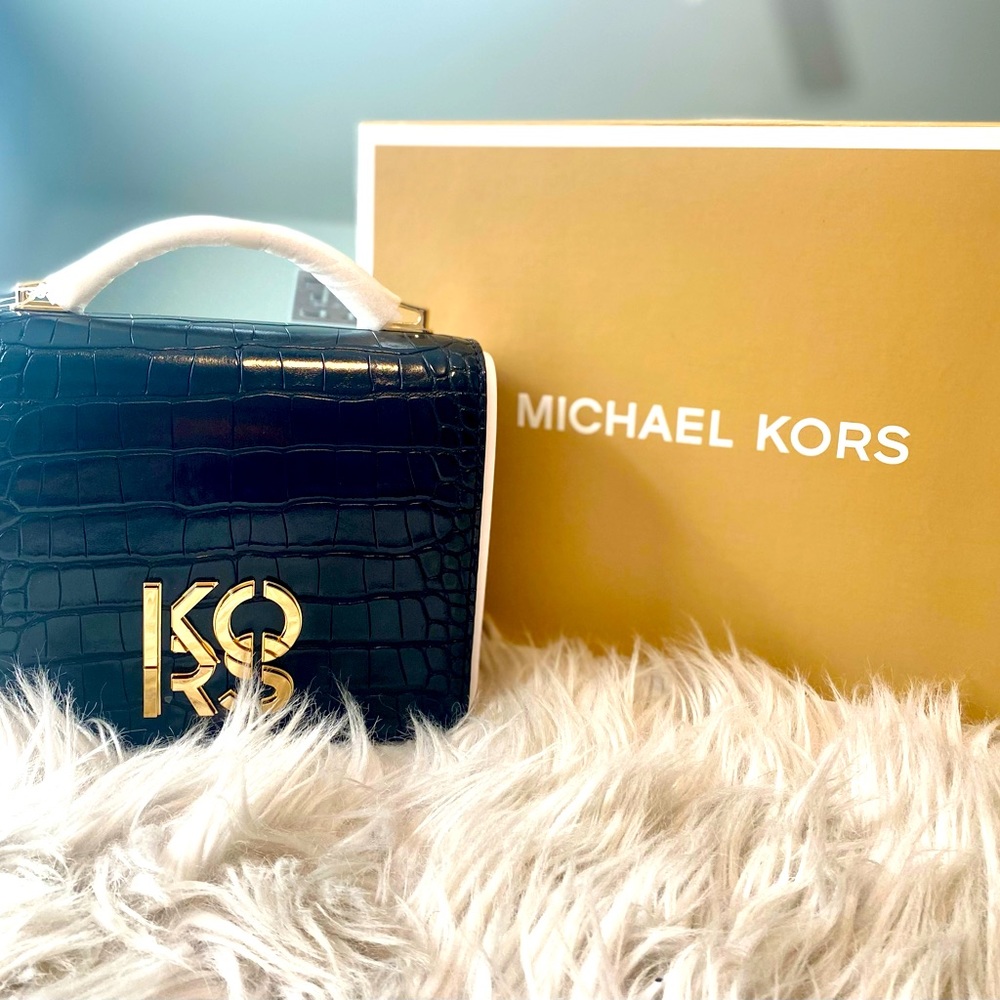 KORS Michael Kors Black Croc-Embossed Bag with Gold Accents